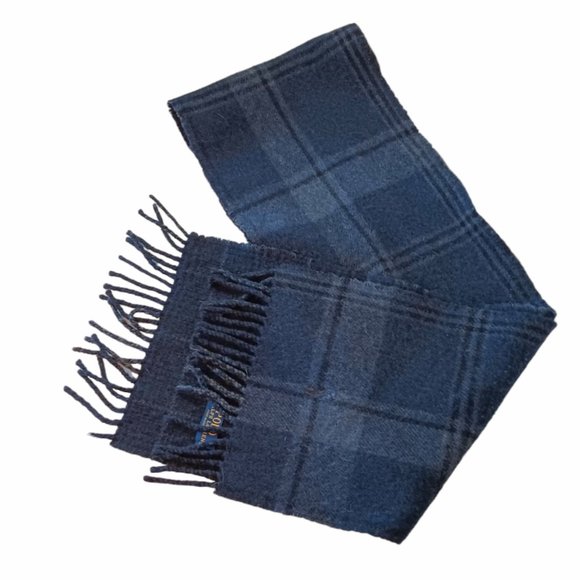 Polo Ralph Lauren Blue Plaid Wool Fringe Scarf Two Sided Reversible - Picture 2 of 9